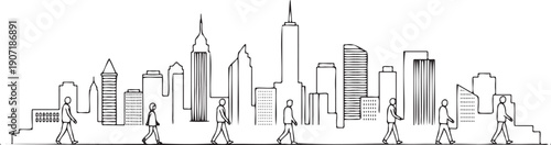Diverse crowd of people walking on a city sidewalk with a stylized minimalist skyline of tall buildings in the background