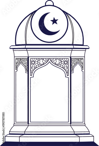 Outline Drawing of a Traditional Islamic Lantern with Ornate Geometric Patterns and Crescent Moon Finial for Religious Holiday Coloring Page