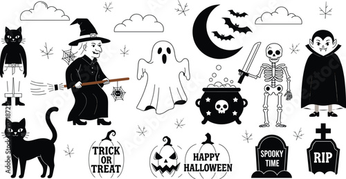 Black and White Vector Set Featuring Witch with Broomstick Ghost Skeleton Vampire Jack O Lantern Pumpkins Black Cats and Spooky Graveyard Elements