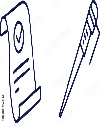 Document approval and editing tool line icon vector illustration featuring verified paper with check mark and cutter knife tool. Modern minimal outline design suitable for document verification, 