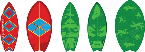 Colorful tropical surfboard vector set featuring abstract patterns, palm leaf silhouettes, and modern decorative summer beach design collection