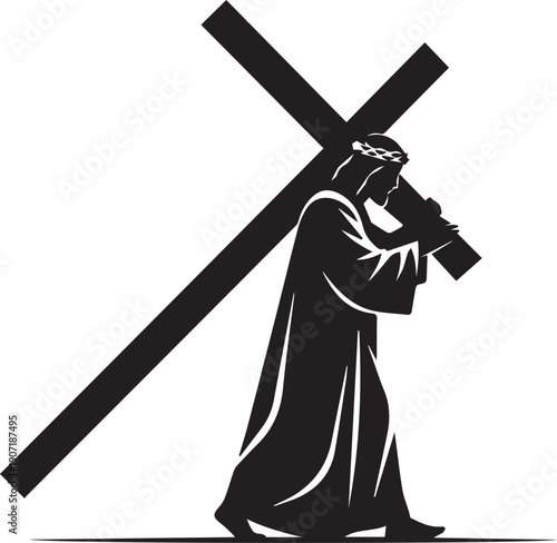 Jesus christ carrying cross silhouette vector illustration on transparent background