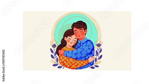 Romantic Couple Hugging in Folk Art Style Illustration with Floral Frame