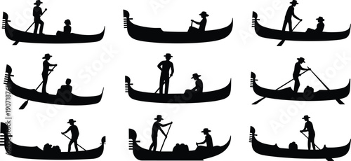 Gondola silhouette set with gondolier and passengers in different positions, traditional Venetian boat transportation collection, black vector illustration isolated on white background.