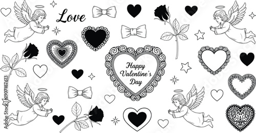 Vintage Sketch Illustration Set for Valentine’s Day Featuring Flying Angels with Halos, Roses, Lace Hearts, and Happy Valentine’s Day Typographic Greeting