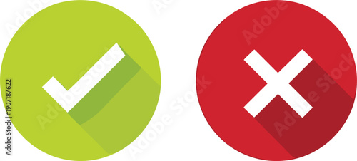 Green Check Mark and Red Cross Mark Icon Set with Long Shadow Design for Success, Failure, Approval, Rejection, and Interface Decision Symbols