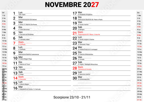 November 2027 Italian Saints Calendar, Monthly Planner with All Saints Day, Advent Season Start, Scorpio and Sagittarius Zodiac Signs, Minimalist Autumn Stationery