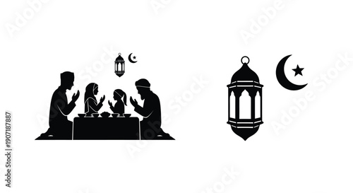 Ramadan family breaking fast with lanterns and crescent moon silhouette