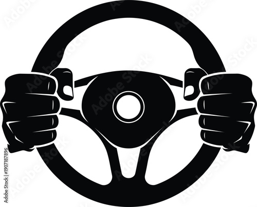 Hands Holding Steering Wheel Vector Icon for Driving Lessons, Car Safety Concepts, Automotive Industry Branding, Transportation Services, and Road Traffic Control Graphics