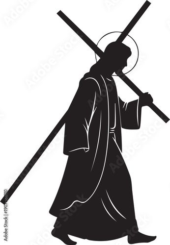 Jesus christ carrying cross with halo silhouette vector illustration on transparent background