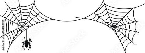 Halloween spider web corner frame with hanging spider silhouette, black line art vector border isolated on white background for spooky banner and decoration design.