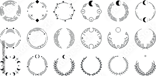 Vector Set of Mystical Celestial Frames, Crescent Moon Wreaths and Sacred Geometry Borders for Esoteric and Spiritual Branding