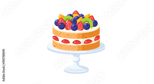 A delicious two-layer naked cake, filled with cream and strawberry slices, topped with fresh mixed fruits, on a white stand.