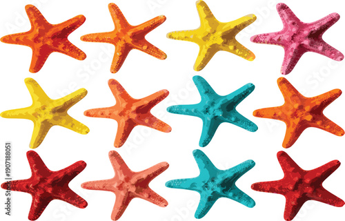 Colorful watercolor starfish collection vector illustration featuring vibrant marine sea life elements isolated decorative ocean themed set