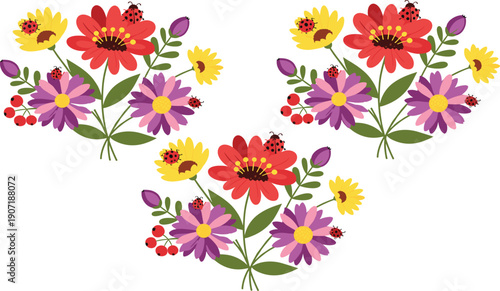 Colorful wildflower bouquet vector set featuring decorative floral arrangements with ladybugs botanical illustration collection