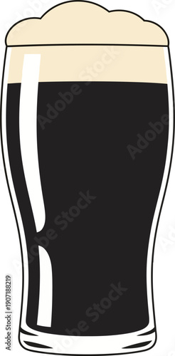 Close up of a glass of dark beer with white foam on transparent background, illustration