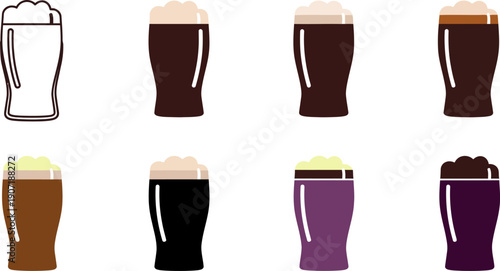 Collection of various beer glasses with different color liquids and foam on top, vector illustration