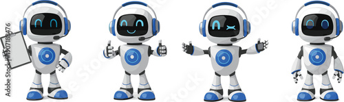 Cute cartoon robot character vector set featuring friendly futuristic android mascots technology illustration collection