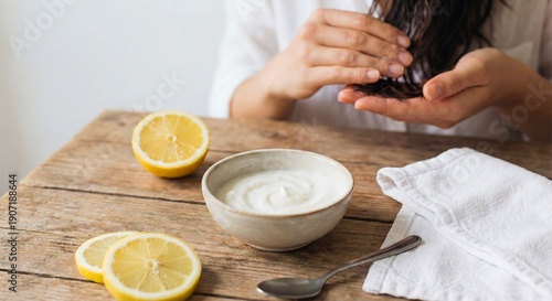 Woman applying homemade hair mask with yogurt and lemon