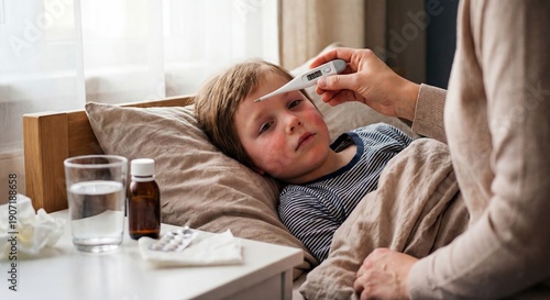 Mother checking sick child temperature with thermometer in bed