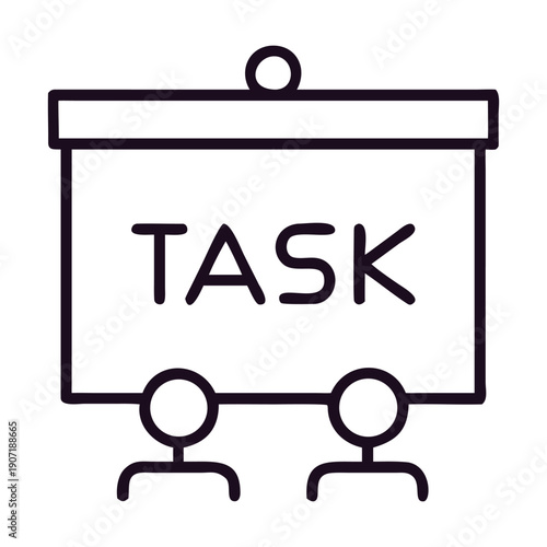 A minimalist line drawing of two people viewing a presentation slide with the word task on it