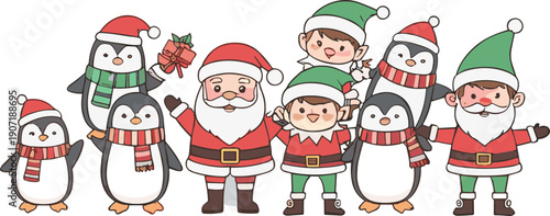 Cute Christmas cartoon characters collection with Santa Claus elves and penguins wearing festive winter costumes isolated vector illustration set