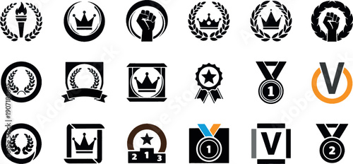 Vector Set of Victory and Leadership Icons Featuring Laurel Wreaths, Raised Fists, Crown Emblems and Competition Medals
