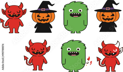 Cute Halloween monster and devil characters collection with pumpkin witch costumes cartoon vector illustration set