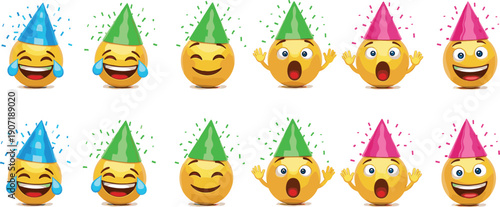 Cute party emoji characters vector illustration set featuring cartoon celebration faces with festive hats and happy expressions