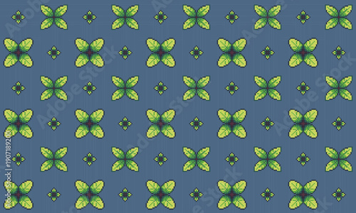 Green leaf pixel art with continuous clusters of leaves, suitable for gift wrapping paper, walls, and textured patterns.