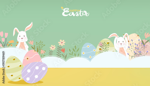 Cute Easter bunnies with decorated eggs and spring flowers on pastel background. Perfect for Easter greeting cards, banners, invitations, and festive seasonal designs