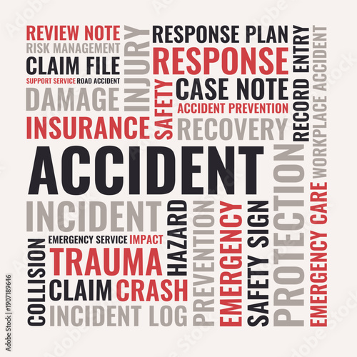 Accident Word Cloud Design, Accident Word Cloud for Response, Injury, Recovery, and Prevention