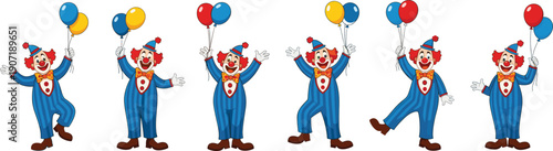 Funny cartoon clown vector set featuring playful circus characters with balloons colorful party illustration collection