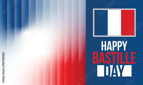 Bastille Day in France. National happy holiday, celebrated annual in July 14. French flag. France independence and freedom. Patriotic elements. Festive design. Vector poster illustration