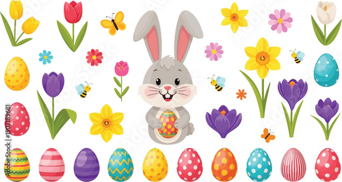 Cheerful cartoon gray bunny holding a decorated egg surrounded by colorful spring flowers butterflies and numerous patterned Easter eggs for holiday celebration