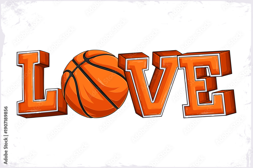 Fototapeta premium Bold orange LOVE word art where the O is a basketball, celebrating March Madness passion and true hoops fans’ love for the game.