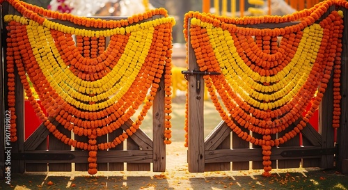 Beautifully decorated gate with marigold flowers for indian festival illustration