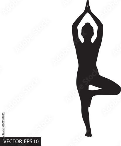Black silhouette of woman in yoga tree pose on white background vrikshasana des