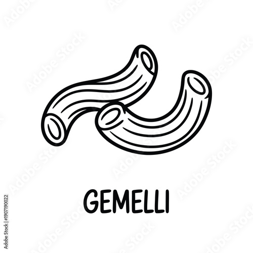Simple line drawing depicts two pieces of gemelli pasta with label