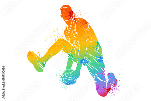 Colorful abstract Rainbow silhouette of basketball player leaping with ball and shiny watercolor splashes, for March Madness athletic energy, vibrant tournament action.
