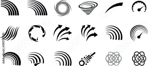 Abstract Speed and Motion Icon Set Featuring Dynamic Arrows, Wind Vortex, Speedometer Gauges and Energy Flow Symbols