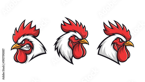 Set of three aggressive rooster head mascot illustrations with vibrant red combs and sharp features for sports team branding.