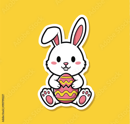 Cute cartoon white bunny rabbit mascot character sitting and cheerfully holding a brightly decorated pink and yellow easter egg sticker design