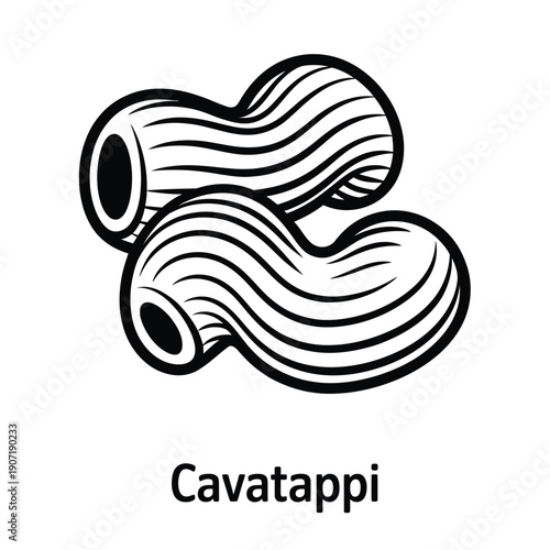 Black and white illustration of cavatappi pasta with labeled text below