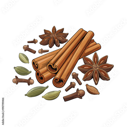 Aromatic spices including cinnamon sticks star anise cloves and cardamom
