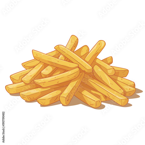 A pile of golden crispy french fries against a white background