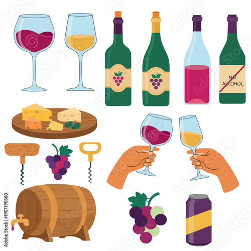 Cozy winery elements collection with wine, cheese, olive and accessories