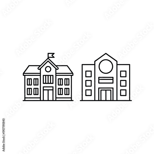 Minimalist line art depicting two simple house or building facades