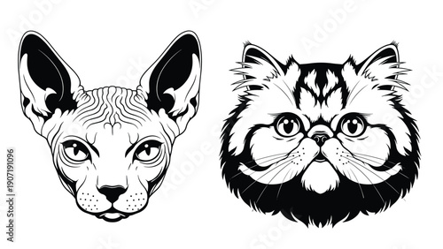 Pair of high contrast black and white cat head illustrations featuring a hairless sphynx and a fluffy longhair breed.