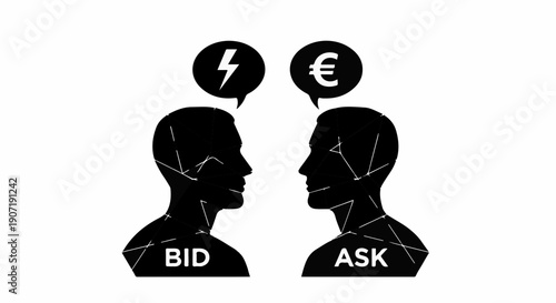 Two silhouettes facing each other, representing bid and ask in a financial exchange.
